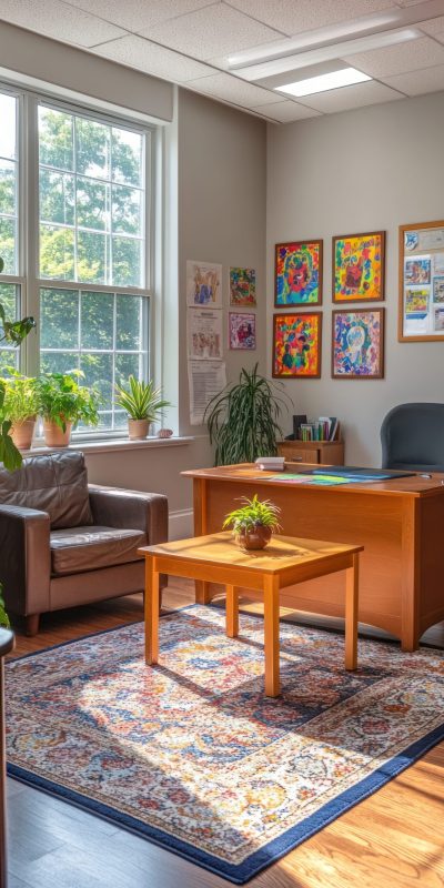 An inviting principals office with a cozy, home-like atmosphere. The desk is a warm oak wood, with family photos and personal items displayed. A small coffee table with comfortable chairs is placed for meetings with students and parents, while colorful artwork from students hangs on the walls. The large window lets in natural sunlight, and potted plants add a touch of nature to the room